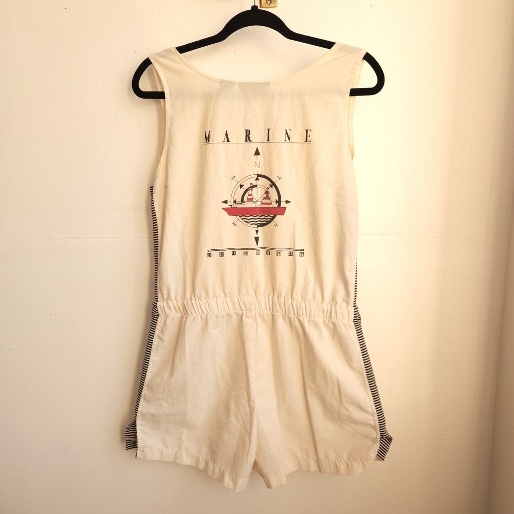 Vintage Gitano Romper L Nautical Marine Ship Compass 80s Cream Striped Retro 90s - Picture 3 of 13